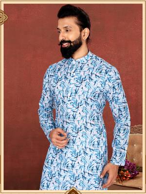 Men White Cotton Digital Printed Kurta Churidar Set 1