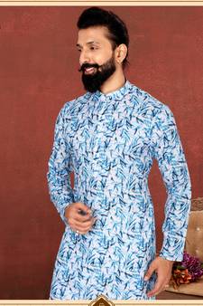Men White Cotton Digital Printed Kurta Churidar Set