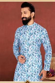 Men White Cotton Digital Printed Kurta Churidar Set