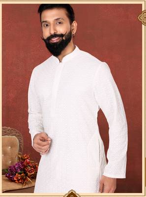 Men White Georgette Embroidery Kurta Churidar Set 7