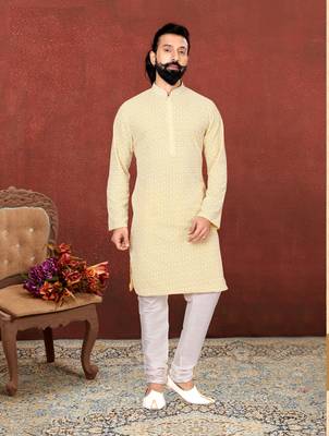 Men Yellow Georgette Embroidery Kurta Churidar Set 1