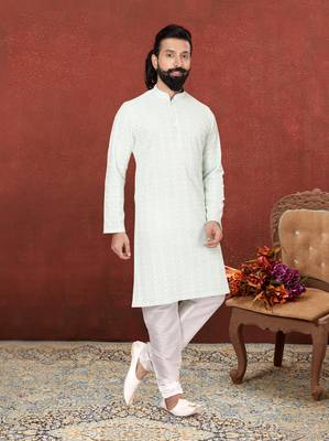 Men Aqua Green Georgette Embroidery Kurta Churidar Set 1