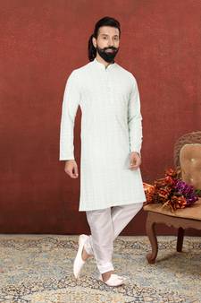 Men Aqua Green Georgette Embroidery Kurta Churidar Set