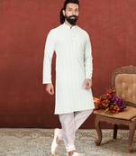 Men Aqua Green Georgette Embroidery Kurta Churidar Set