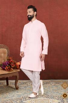 Men Light Pink Georgette Embroidery Kurta Churidar Set