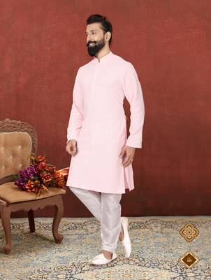 Men Light Pink Georgette Embroidery Kurta Churidar Set 1