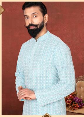 Men Sky Blue Georgette Embroidery Kurta Churidar Set 7