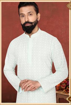 Men Aqua Green Georgette Embroidery Kurta Churidar Set 7