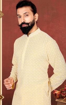 Men Yellow Georgette Embroidery Kurta Churidar Set 7