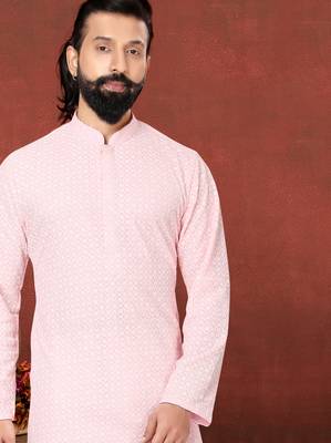 Men Light Pink Georgette Embroidery Kurta Churidar Set 7