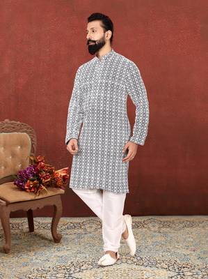Men Black Georgette Embroidery Kurta Churidar Set 7