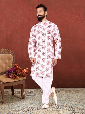 Men White Cotton Digital Printed Kurta Churidar Set 7