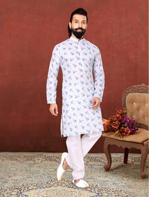 Men White Cotton Digital Printed Kurta Churidar Set 7
