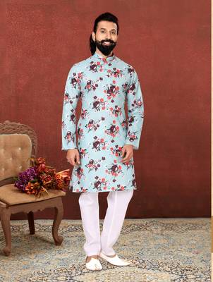 Men Sky Blue Cotton Digital Printed Kurta Churidar Set 7