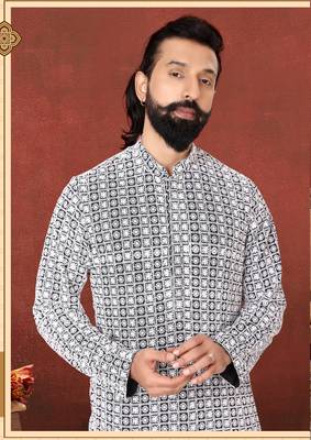 Men Black Georgette Embroidery Kurta Churidar Set 1
