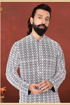 Men Black Georgette Embroidery Kurta Churidar Set