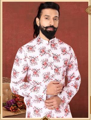Men White Cotton Digital Printed Kurta Churidar Set 1