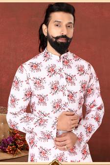 Men White Cotton Digital Printed Kurta Churidar Set