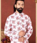 Men White Cotton Digital Printed Kurta Churidar Set