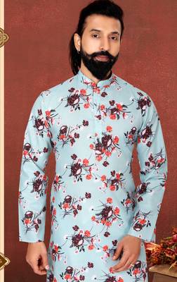 Men Sky Blue Cotton Digital Printed Kurta Churidar Set 1