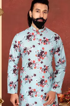 Men Sky Blue Cotton Digital Printed Kurta Churidar Set