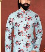 Men Sky Blue Cotton Digital Printed Kurta Churidar Set