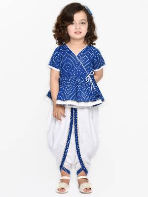 Bandhani Blue & White Cotton Printed Dhoti Peplum For Girls 1