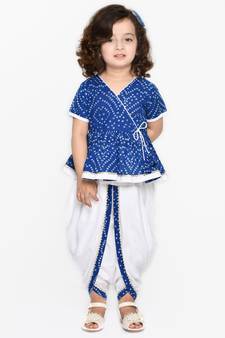 Bandhani Blue & White Cotton Printed Dhoti Peplum For Girls