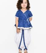 Bandhani Blue & White Cotton Printed Dhoti Peplum For Girls