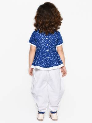 Bandhani Blue & White Cotton Printed Dhoti Peplum For Girls 2
