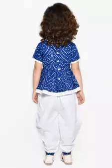 Bandhani Blue & White Cotton Printed Dhoti Peplum For Girls