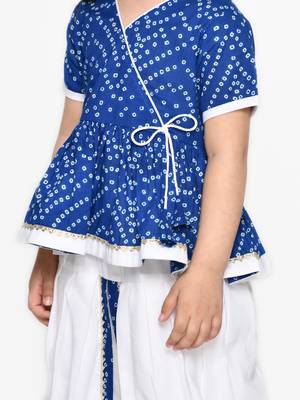 Bandhani Blue & White Cotton Printed Dhoti Peplum For Girls 3