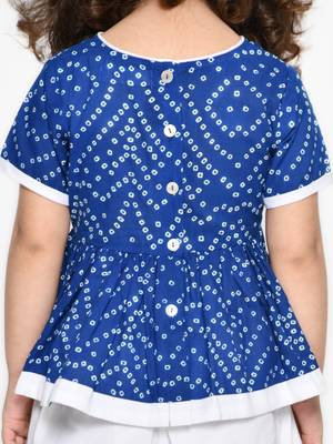Bandhani Blue & White Cotton Printed Dhoti Peplum For Girls 4