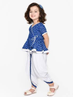 Bandhani Blue & White Cotton Printed Dhoti Peplum For Girls 5