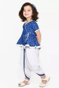 Bandhani Blue & White Cotton Printed Dhoti Peplum For Girls