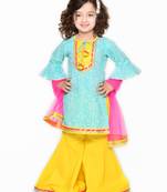 Blue & Yellow Sharara Kurta Set 100% Cotton For Girls