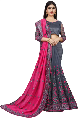 Pink And Grey Vichitra Silk And Net Saree With Blouse Piece. 1