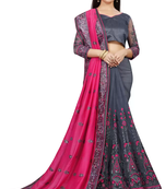 Pink And Grey Vichitra Silk And Net Saree With Blouse Piece.