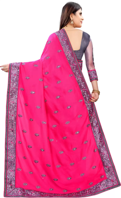 Pink And Grey Vichitra Silk And Net Saree With Blouse Piece. 2
