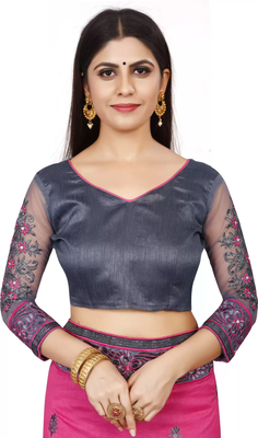 Pink And Grey Vichitra Silk And Net Saree With Blouse Piece. 3