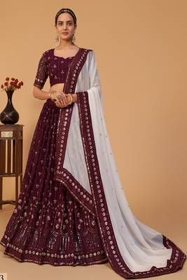 Wine embroidered georgette semi stitched lehenga 1