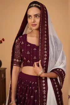 Wine embroidered georgette semi stitched lehenga