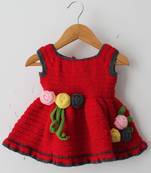 Woonie Handmade Sleeveless Flowers Applique Frock- Red