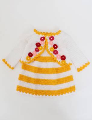 Woonie Handmade Short Sleeves Frock With Floral Full Sleeves Shrug-Yellow & White 2