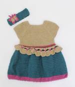 Woonie Handmade Cap Sleeves Beautiful Designed Frock With Butterfly Detailing Headband-Beige & Green