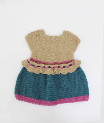 Woonie Handmade Cap Sleeves Beautiful Designed Frock With Butterfly Detailing Headband-Beige & Green 2