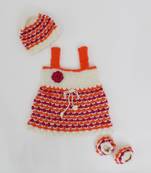 Woonie Handmade Sleeveless Drawstring Geomatrical Frock With Cap & Booties-Orange