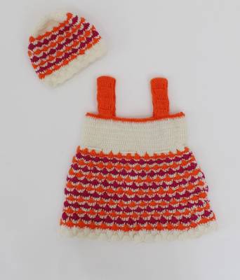 Woonie Handmade Sleeveless Drawstring Geomatrical Frock With Cap & Booties-Orange 2