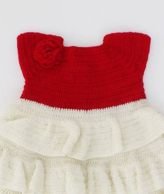 Woonie Handmade Sleeveless Floral & Heavy Layered Frock-Red & Cream 3