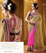 Cream  and  Pink Embroidered Georgette saree with blouse